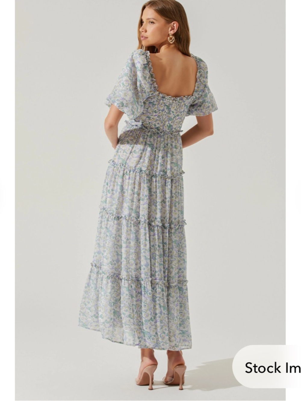 Astr Pastel Floral Puff-Sleeve Midi Dress - Light Blue & Lilac - Picture 4 of 9